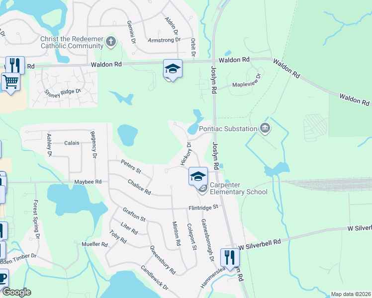 map of restaurants, bars, coffee shops, grocery stores, and more near 3319 Hickory Drive in Orion charter Township