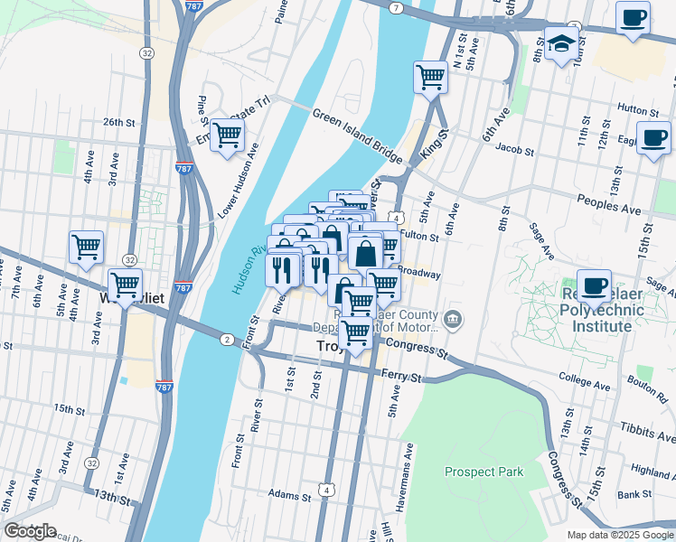 map of restaurants, bars, coffee shops, grocery stores, and more near 33 2nd Street in Troy