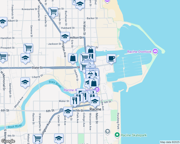 map of restaurants, bars, coffee shops, grocery stores, and more near 234 Wisconsin Avenue in Racine