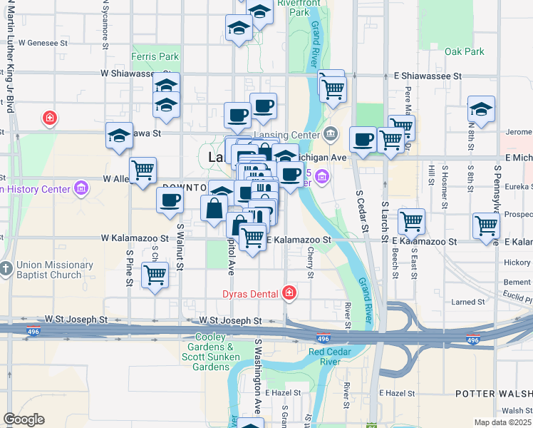 map of restaurants, bars, coffee shops, grocery stores, and more near 303 South Washington Square in Lansing