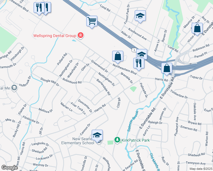 map of restaurants, bars, coffee shops, grocery stores, and more near 14 Barnesdale Road in Nashua