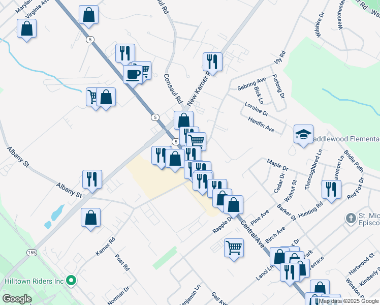 map of restaurants, bars, coffee shops, grocery stores, and more near 1825 Central Avenue in Albany