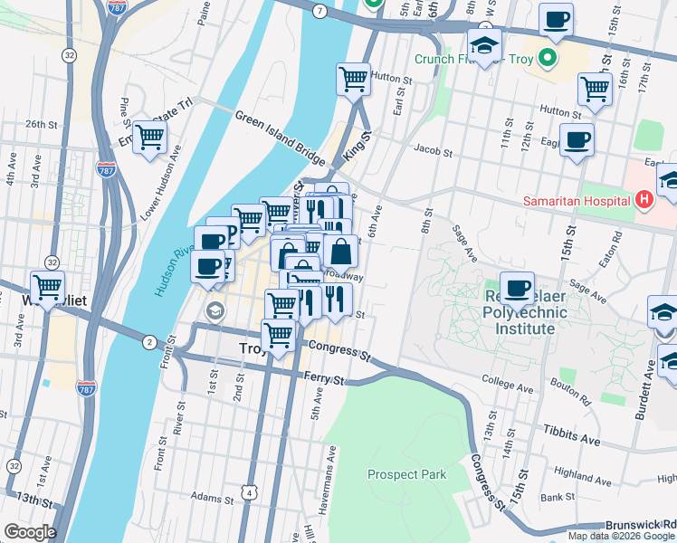 map of restaurants, bars, coffee shops, grocery stores, and more near 501 Broadway in Troy