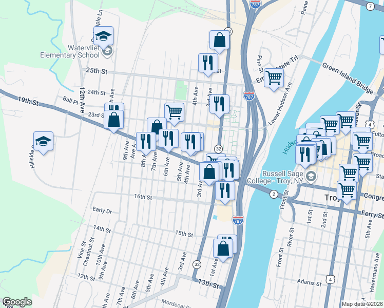 map of restaurants, bars, coffee shops, grocery stores, and more near 1841 4th Avenue in Watervliet