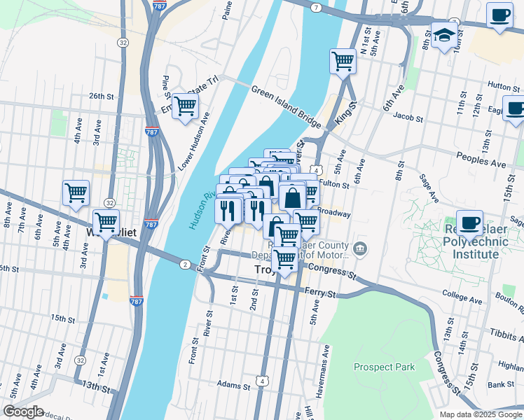 map of restaurants, bars, coffee shops, grocery stores, and more near 33 2nd Street in Troy