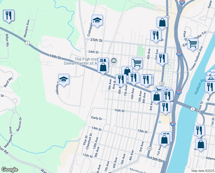 map of restaurants, bars, coffee shops, grocery stores, and more near 1804 Avenue B in Watervliet
