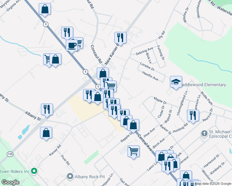 map of restaurants, bars, coffee shops, grocery stores, and more near 1817 New York 5 in Colonie