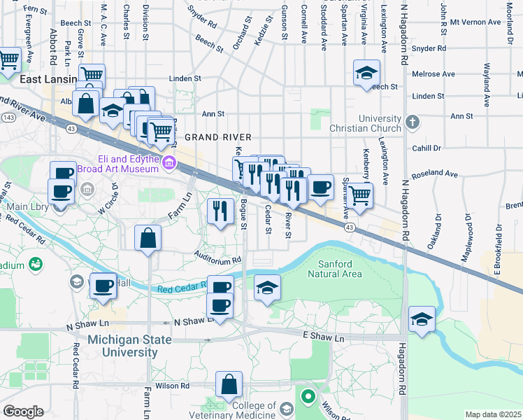 map of restaurants, bars, coffee shops, grocery stores, and more near 208 Cedar Street in East Lansing