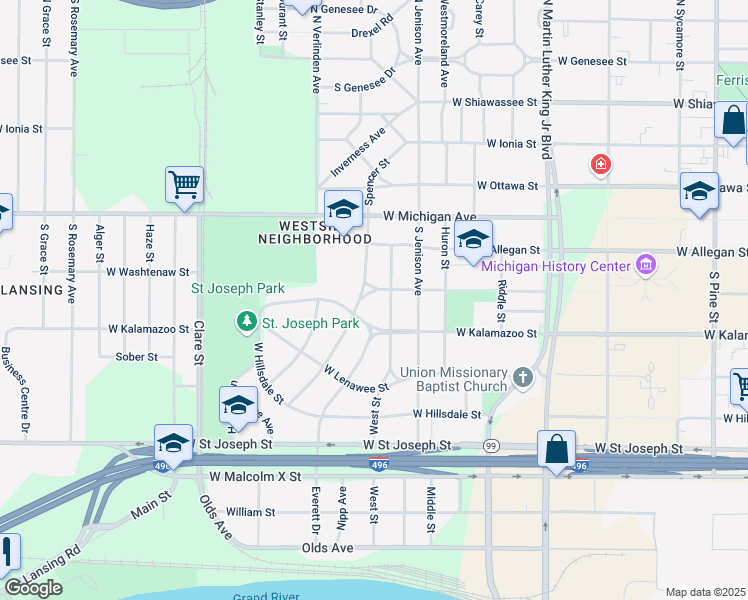 map of restaurants, bars, coffee shops, grocery stores, and more near 1610 West Kalamazoo Street in Lansing