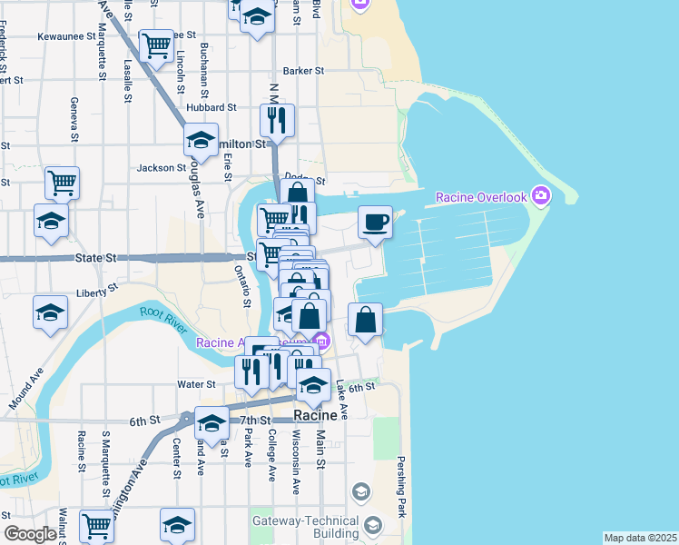 map of restaurants, bars, coffee shops, grocery stores, and more near 333 Lake Avenue in Racine