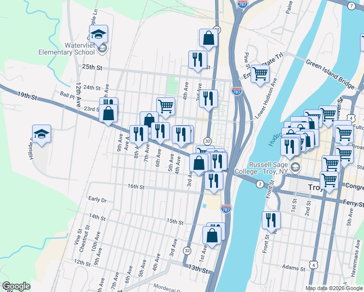 map of restaurants, bars, coffee shops, grocery stores, and more near 1841 4th Avenue in Watervliet