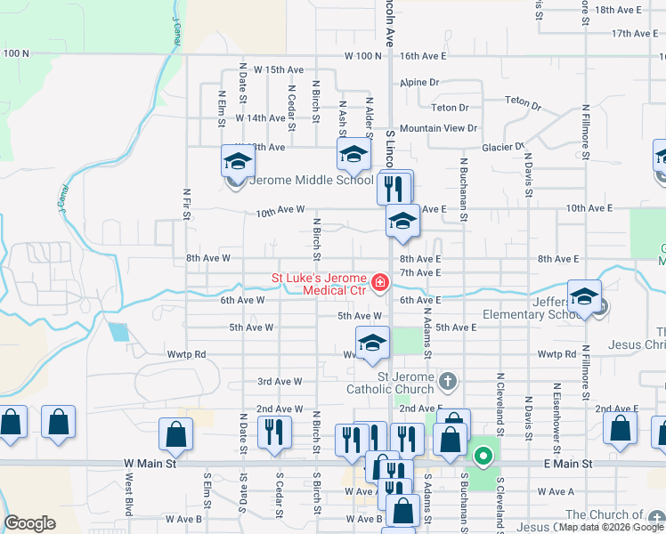 map of restaurants, bars, coffee shops, grocery stores, and more near 309 7th Avenue West in Jerome