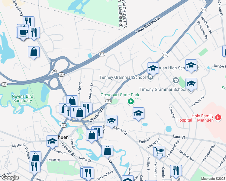 map of restaurants, bars, coffee shops, grocery stores, and more near 25 Williams Street in Methuen