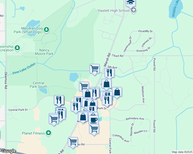 map of restaurants, bars, coffee shops, grocery stores, and more near 5151 Marsh Rd in Meridian Charter Township