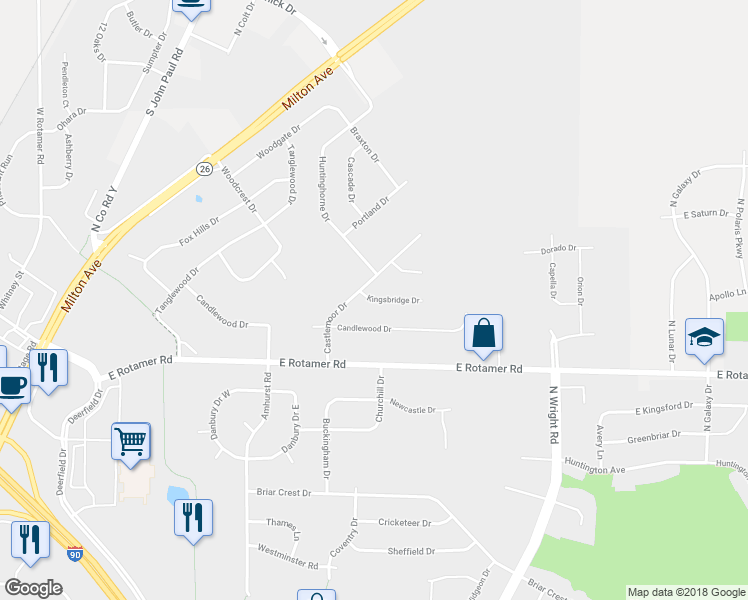 map of restaurants, bars, coffee shops, grocery stores, and more near 3411 Kingsbridge Drive in Janesville