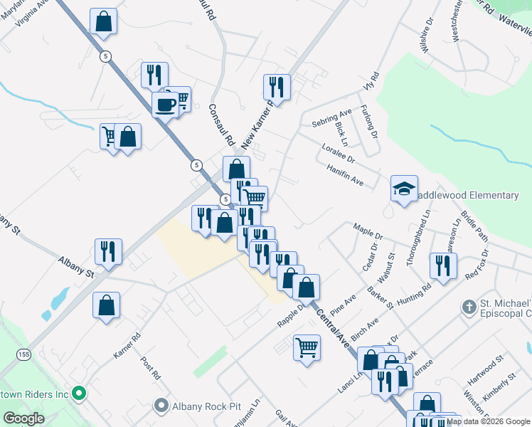 map of restaurants, bars, coffee shops, grocery stores, and more near 1817 New York 5 in Colonie