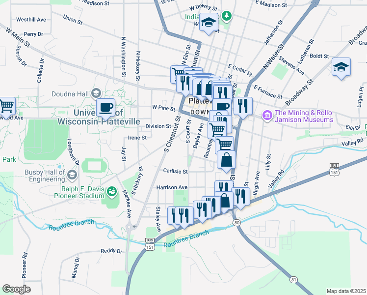 map of restaurants, bars, coffee shops, grocery stores, and more near 340 South Court Street in Platteville