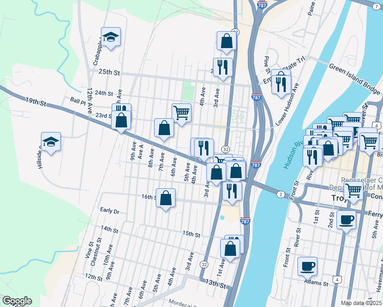 map of restaurants, bars, coffee shops, grocery stores, and more near 1841 4th Avenue in Watervliet