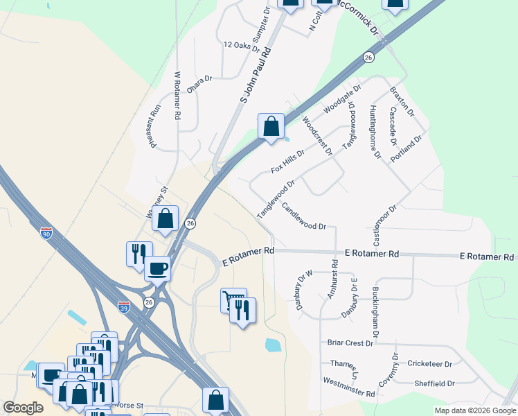 map of restaurants, bars, coffee shops, grocery stores, and more near 4103 Tanglewood Drive in Janesville