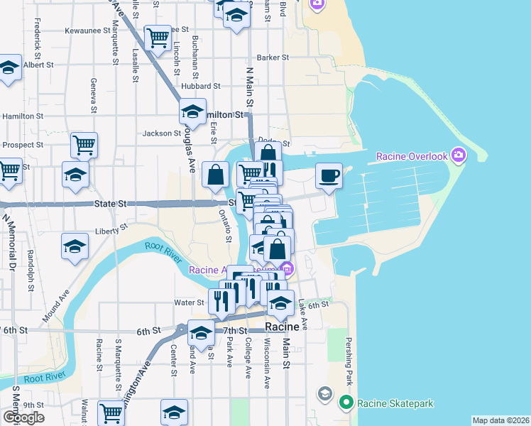 map of restaurants, bars, coffee shops, grocery stores, and more near 234 Wisconsin Avenue in Racine