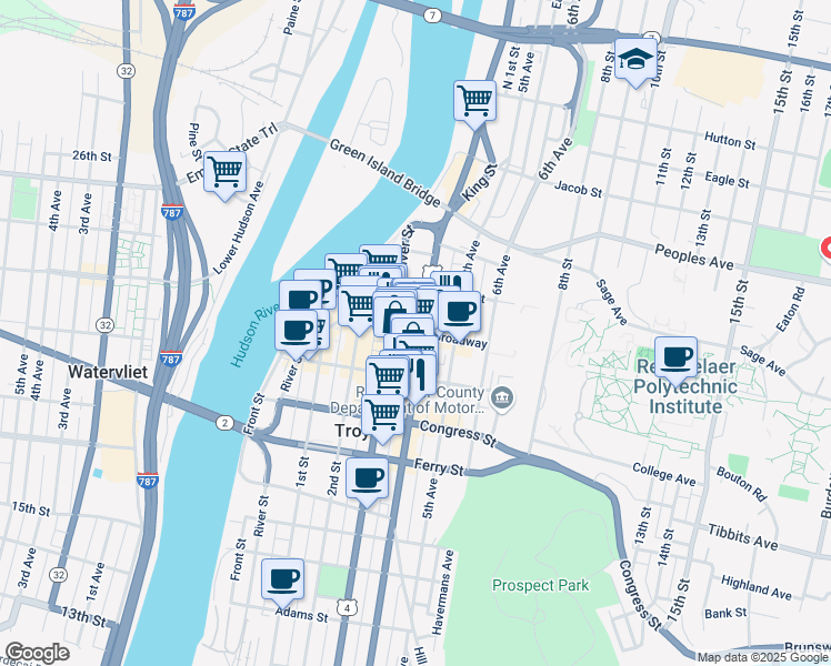 map of restaurants, bars, coffee shops, grocery stores, and more near Broadway in Troy