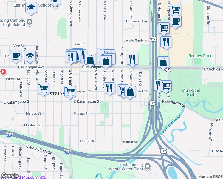 map of restaurants, bars, coffee shops, grocery stores, and more near 313 South Francis Avenue in Lansing