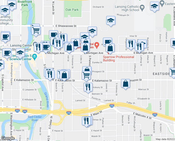 map of restaurants, bars, coffee shops, grocery stores, and more near 316 South Pennsylvania Avenue in Lansing
