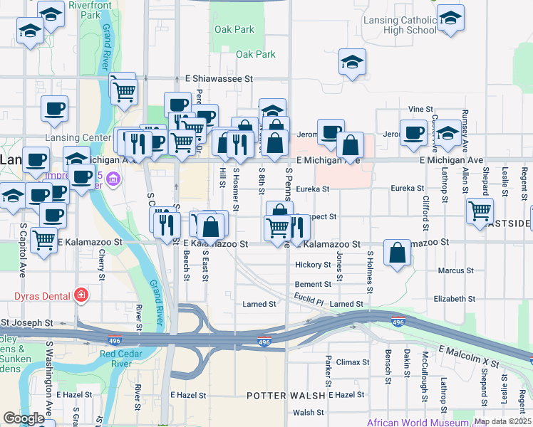 map of restaurants, bars, coffee shops, grocery stores, and more near 312 South 8th Street in Lansing