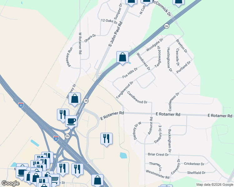 map of restaurants, bars, coffee shops, grocery stores, and more near 4103 Tanglewood Drive in Janesville