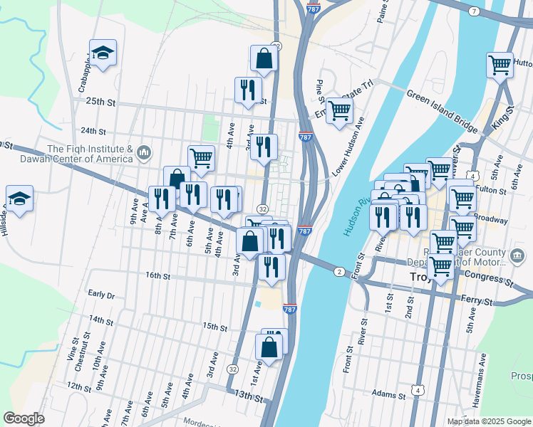 map of restaurants, bars, coffee shops, grocery stores, and more near 2002 2nd Avenue in Watervliet