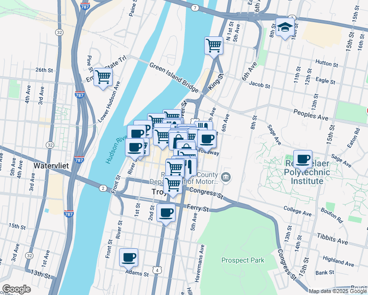 map of restaurants, bars, coffee shops, grocery stores, and more near Broadway in Troy