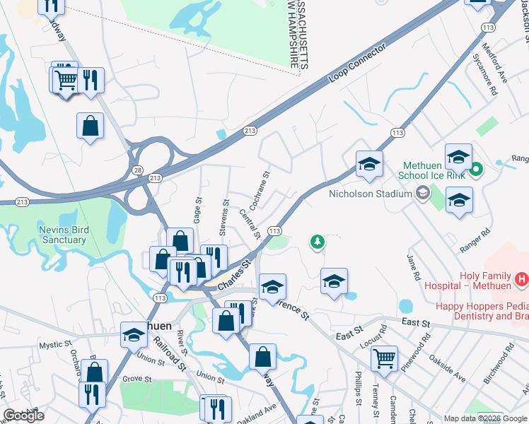 map of restaurants, bars, coffee shops, grocery stores, and more near 11 Cochrane Street in Methuen