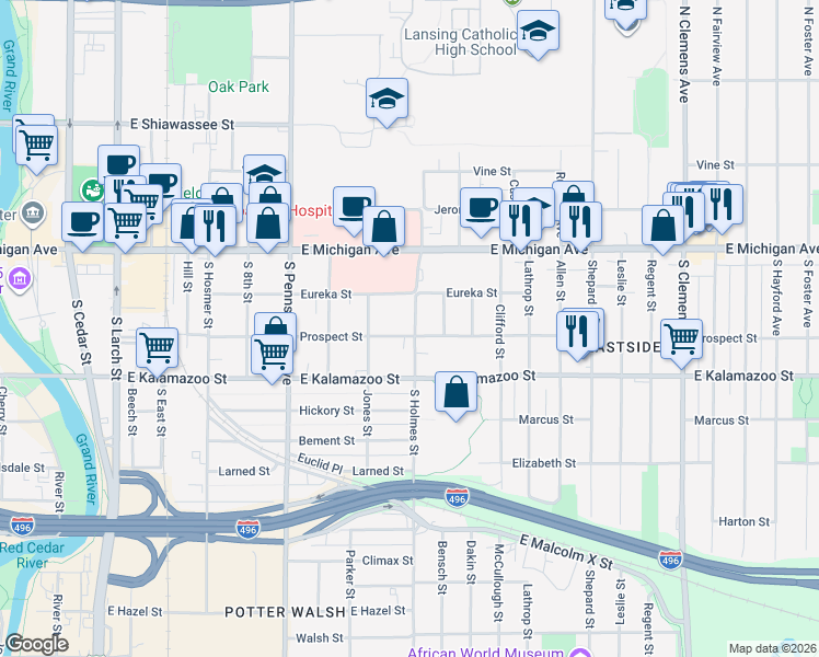 map of restaurants, bars, coffee shops, grocery stores, and more near 1300 Eureka Street in Lansing
