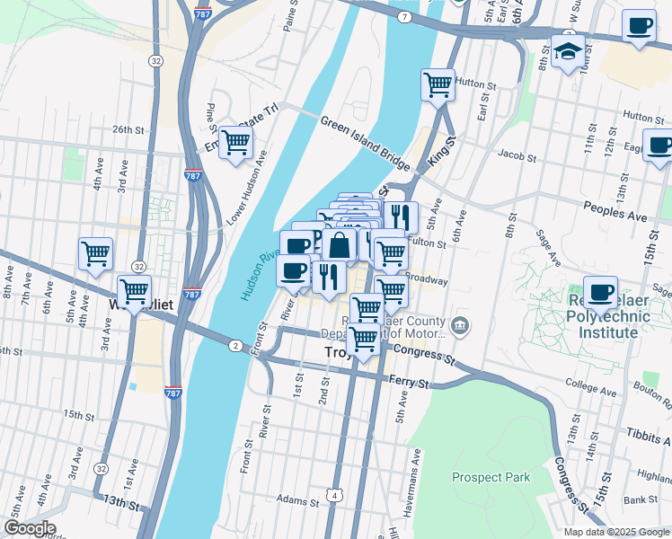 map of restaurants, bars, coffee shops, grocery stores, and more near in Troy