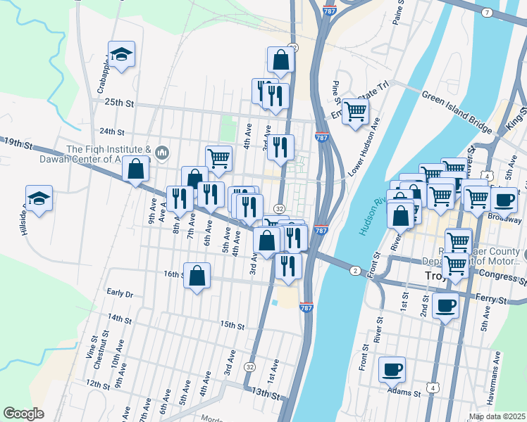map of restaurants, bars, coffee shops, grocery stores, and more near 2124 3rd Avenue in Watervliet