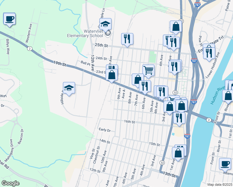 map of restaurants, bars, coffee shops, grocery stores, and more near 924 19th Street in Watervliet
