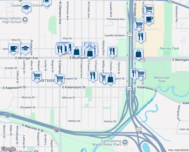 map of restaurants, bars, coffee shops, grocery stores, and more near 209 South Francis Avenue in Lansing