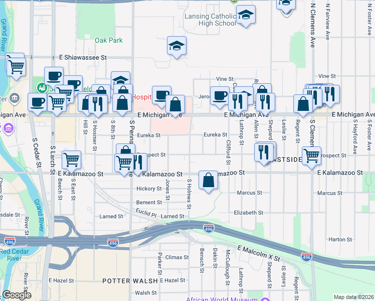 map of restaurants, bars, coffee shops, grocery stores, and more near 1300 Eureka Street in Lansing