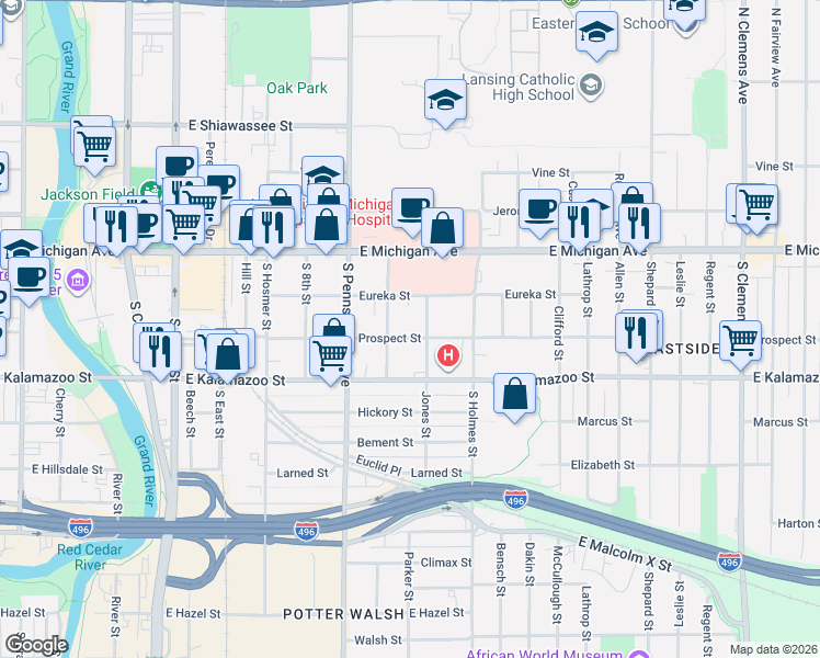map of restaurants, bars, coffee shops, grocery stores, and more near 1116 Eureka Street in Lansing