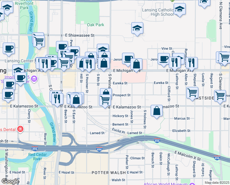 map of restaurants, bars, coffee shops, grocery stores, and more near 1018 Eureka Street in Lansing