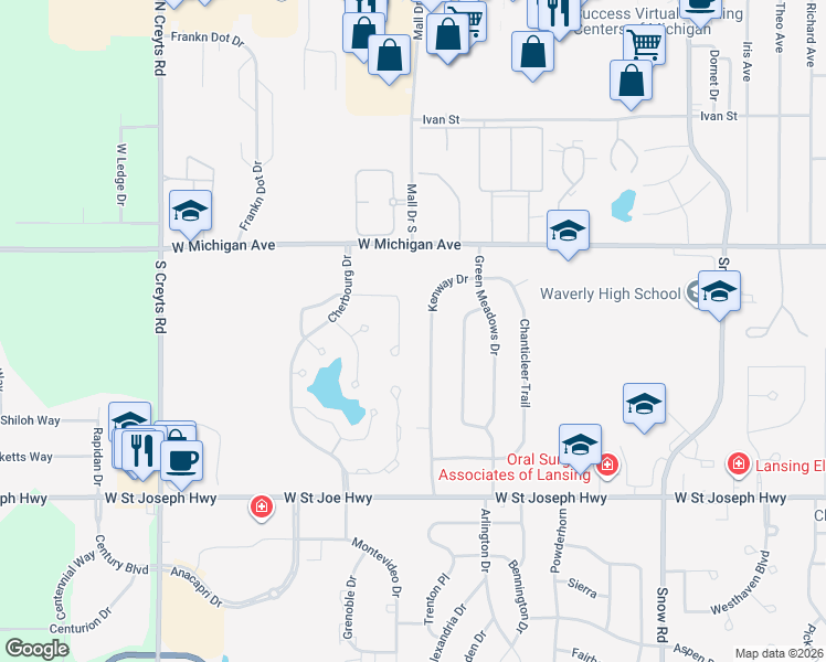 map of restaurants, bars, coffee shops, grocery stores, and more near 211 Cortina Trail in Lansing