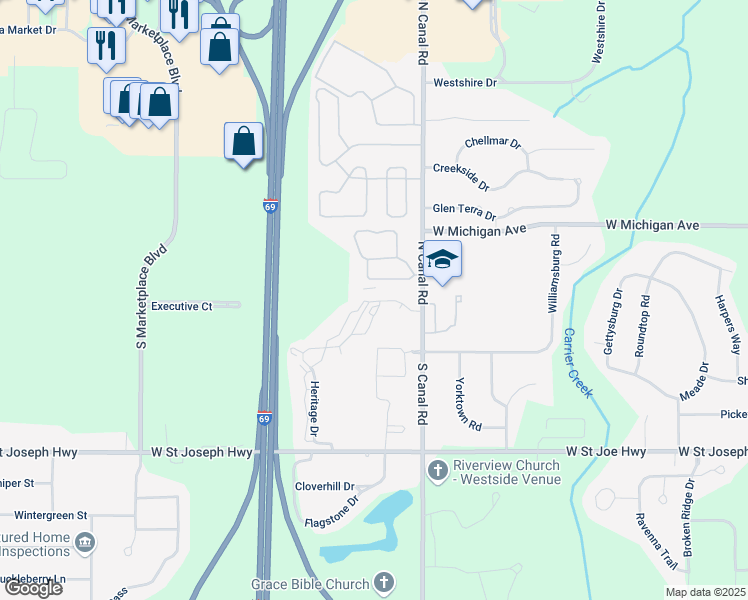 map of restaurants, bars, coffee shops, grocery stores, and more near 7612 Heritage Drive in Lansing