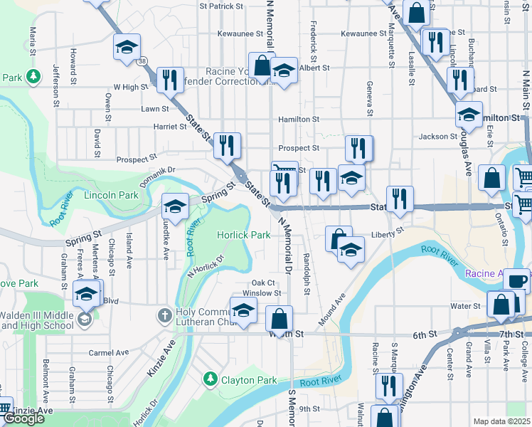 map of restaurants, bars, coffee shops, grocery stores, and more near 1601 State Street in Racine