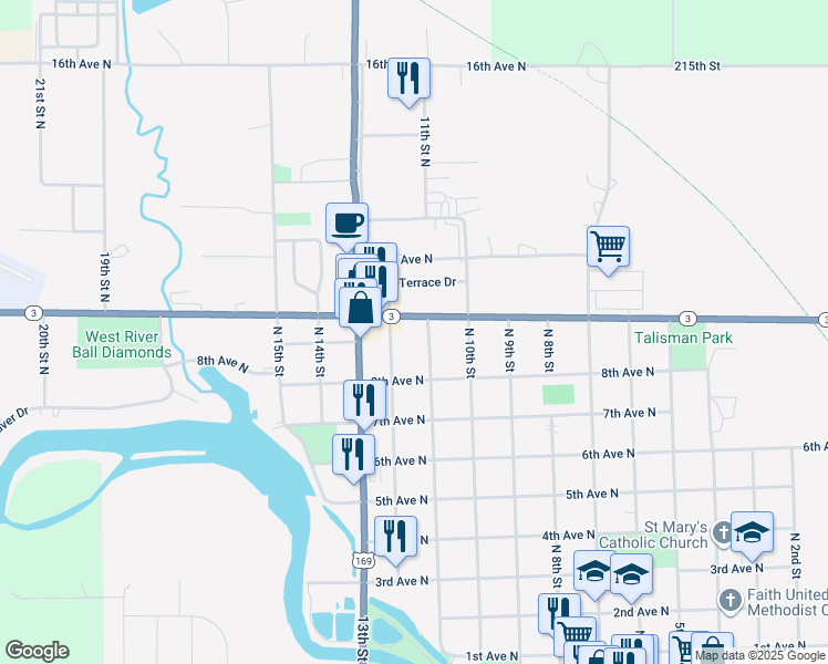 map of restaurants, bars, coffee shops, grocery stores, and more near 1101-1199 10th Ave N in Humboldt