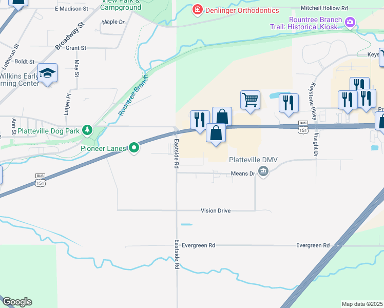 map of restaurants, bars, coffee shops, grocery stores, and more near 1425 U.S. 151 Business in Platteville