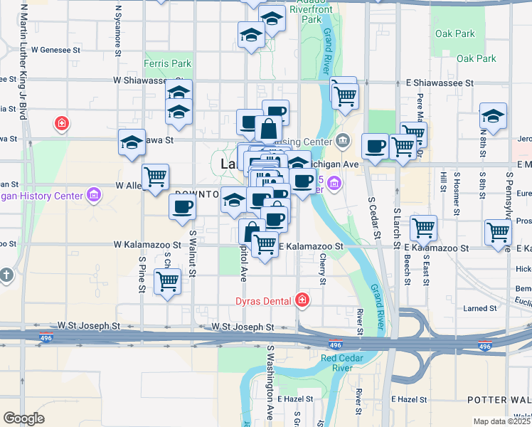 map of restaurants, bars, coffee shops, grocery stores, and more near 211 South Washington Square in Lansing