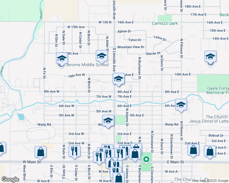 map of restaurants, bars, coffee shops, grocery stores, and more near North Lincoln Avenue in Jerome