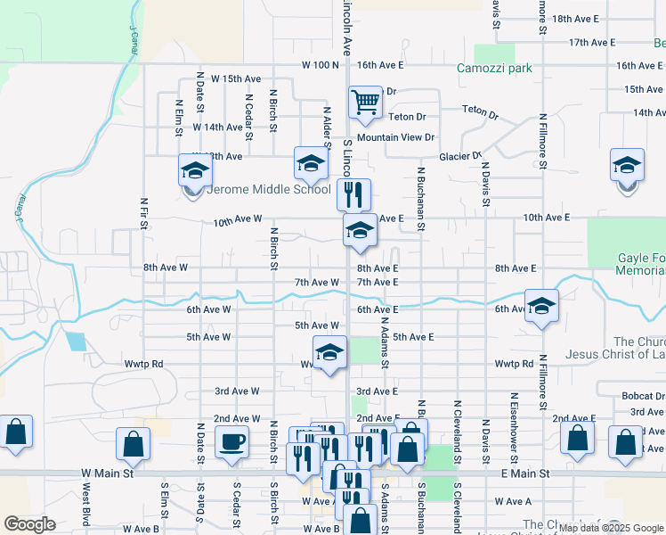 map of restaurants, bars, coffee shops, grocery stores, and more near 905 North Lincoln Avenue in Jerome