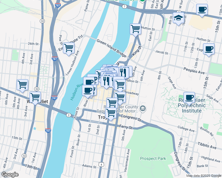 map of restaurants, bars, coffee shops, grocery stores, and more near 13 3rd Street in Troy