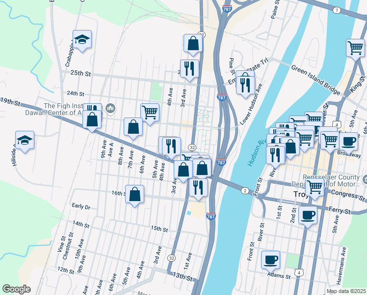 map of restaurants, bars, coffee shops, grocery stores, and more near 2124 3rd Avenue in Watervliet